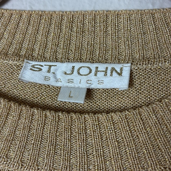 St John Basics Metallic Gold Knit Waist Length Short Sleeve Sweater Top Sz L - Picture 3 of 7